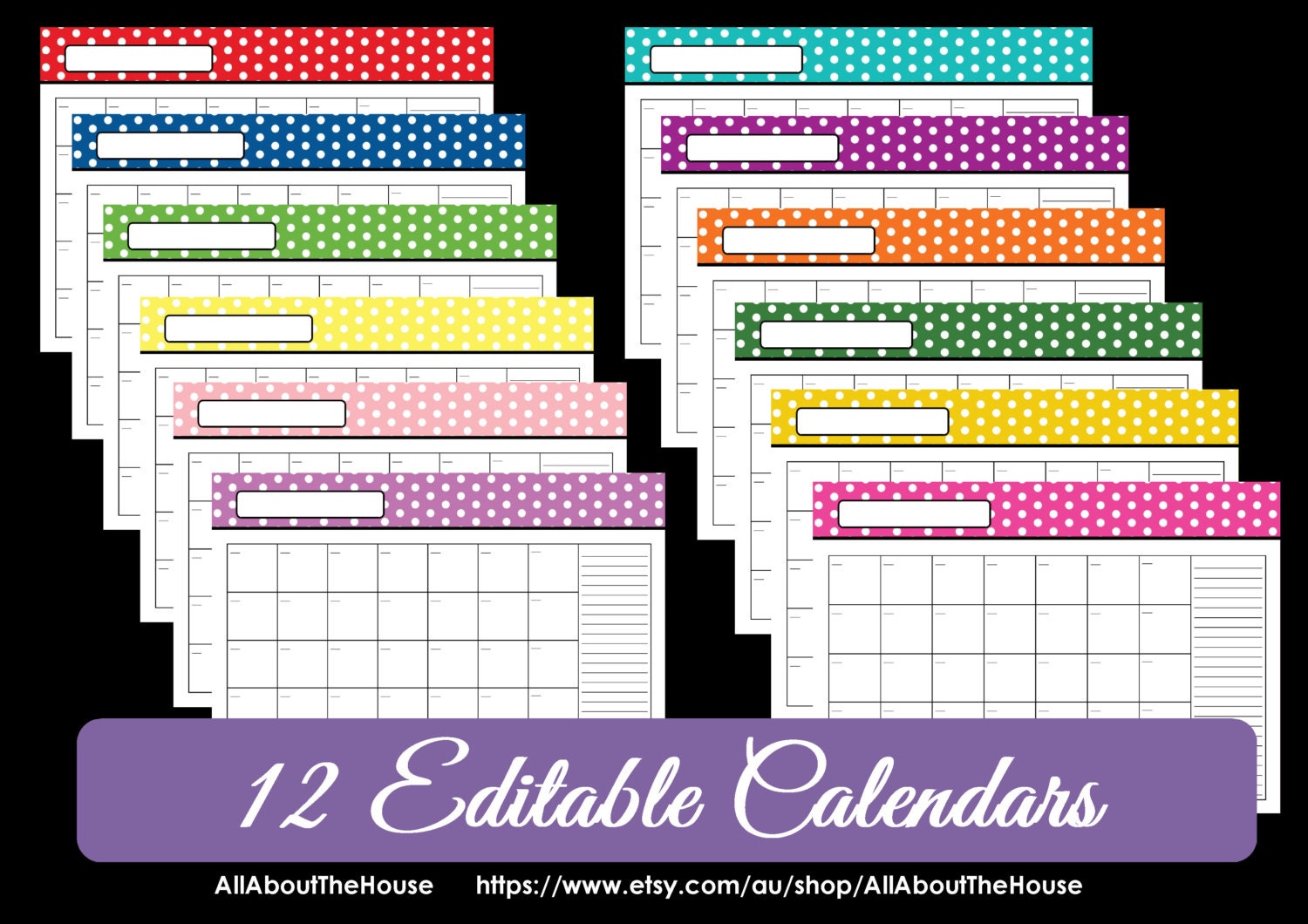 EDITABLE 12 Polka Dot Calendars You Choose 2015 2016 And