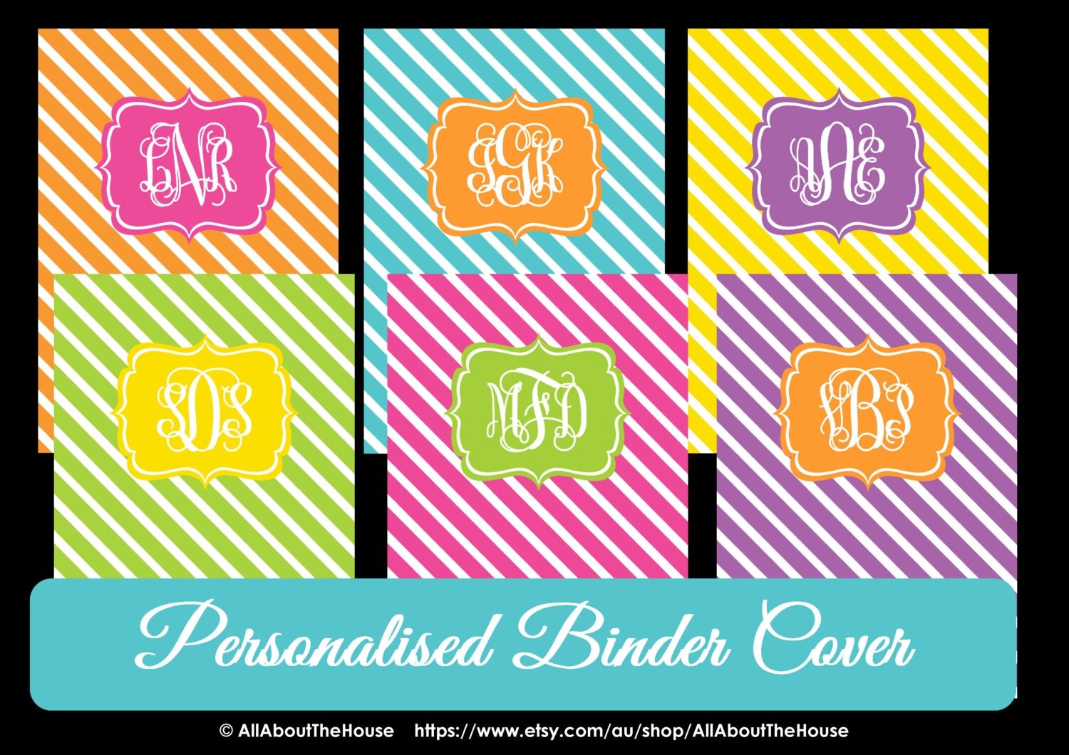 Monogram Printable Binder Cover and spine Diagonal Stripes