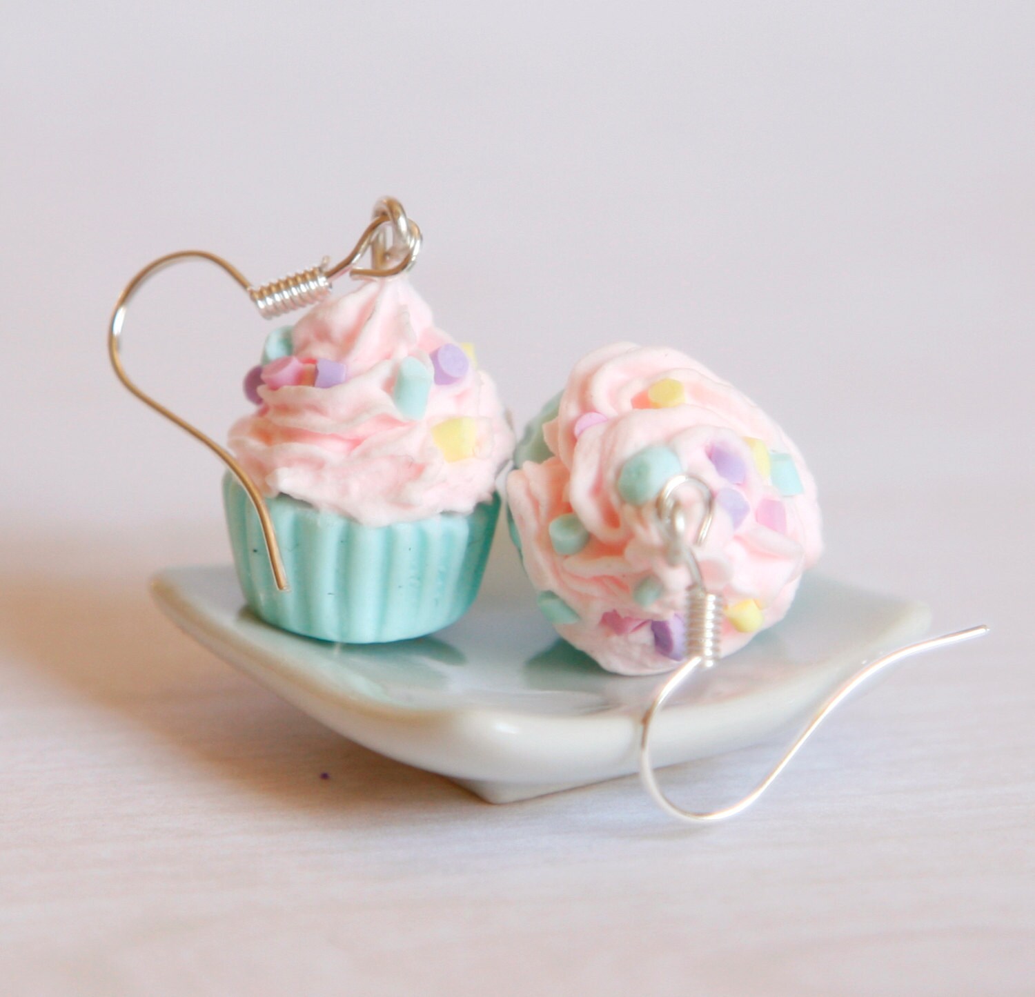 Pastel cupcake earrings pink and mint Polymer clay miniature