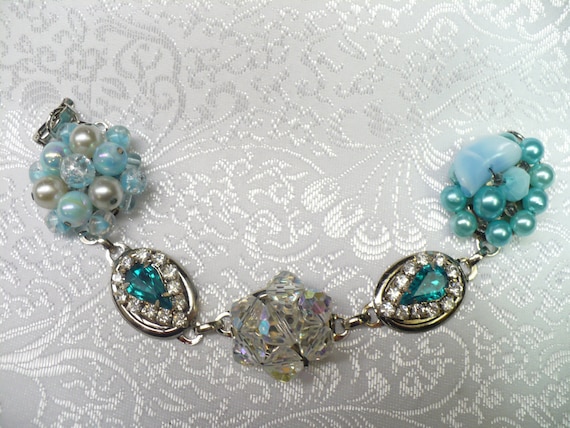 Vintage Earring Bracelet - silvertone - aqua faux PEARLS - RHINESTONES - vintage WEDDING - vintage Aurora Borealis crystals - something blue