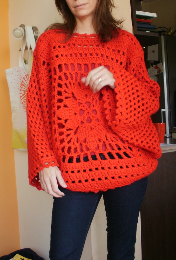 Items similar to sale -50% Brilliant red lace crochet sweater, one size ...