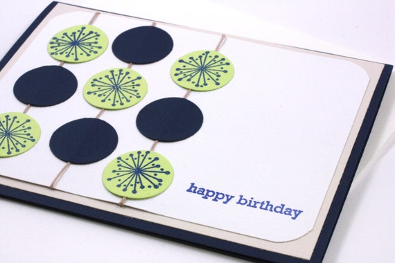 Adult Birthday Card, Hand Made Card with Blue, Green Circles