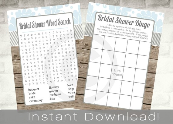 Light blue Rustic BRIDAL Shower Games Set / Bingo and Word Search Cards / digital printable files / INSTANT DOWNLOAD / wedding shower Il_570xn