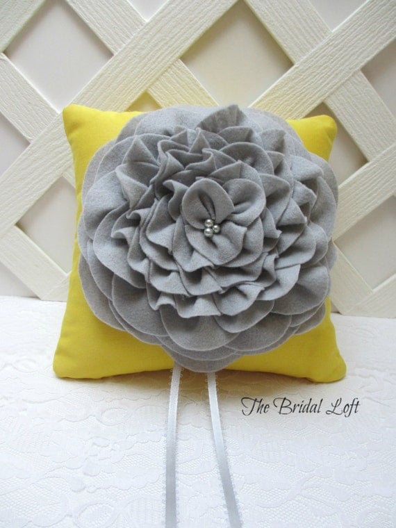 Yellow and Gray Wedding Ring Pillow - Handmade and Ready to Ship