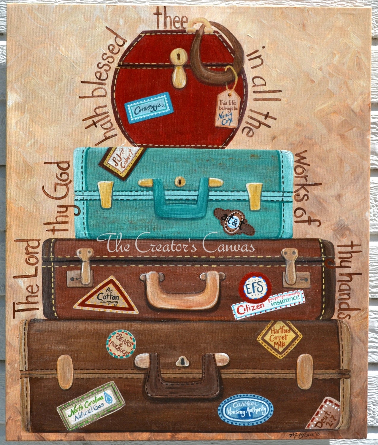 20x24 Vintage Suitcase World Traveler or Retirement Custom