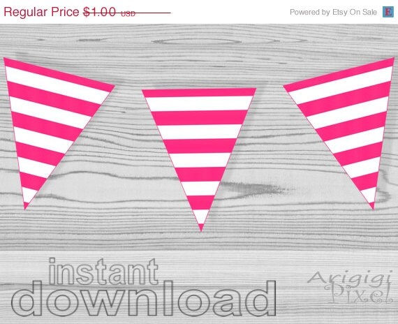 WEEKEND SALE 50% OFF pink white striped flag, party printables, instant download, Diy party decorativ garland Il_570xn