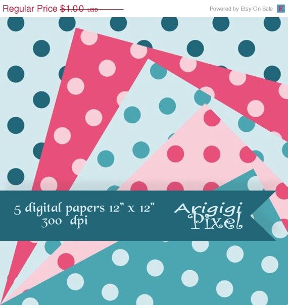 WEEKEND SALE 50 % OFF polka dot digital collage sheets, pink and teal, larger dots, scrapbooking paper, instant download Il_570xn
