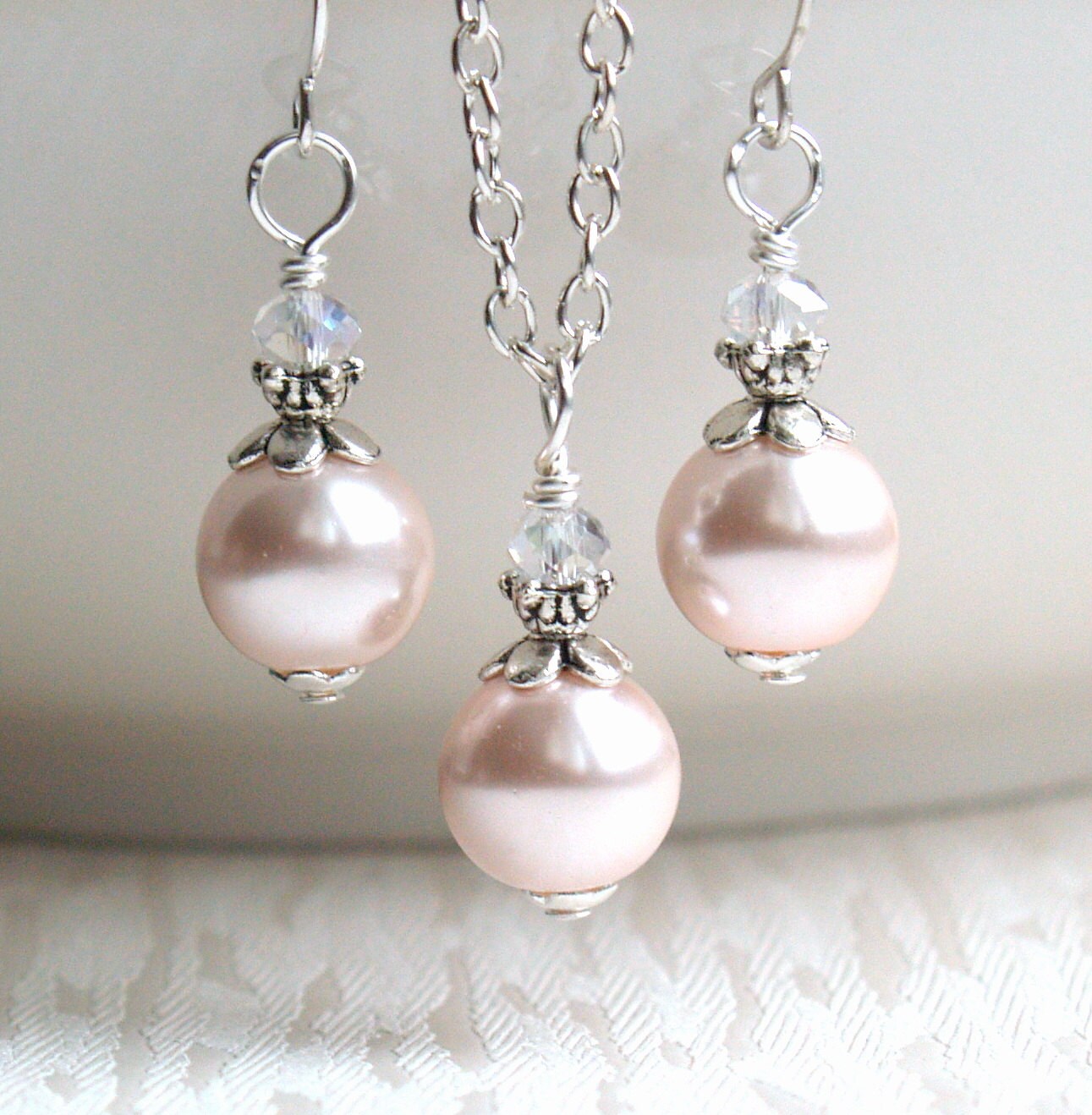 Blush Pearl Jewelry Set Of Necklace Earrings By Laurinwedding