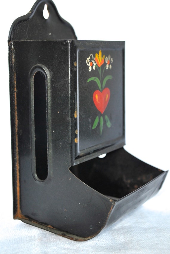 Vintage Tole Wall Mounted Match Holder Black and Red Tin