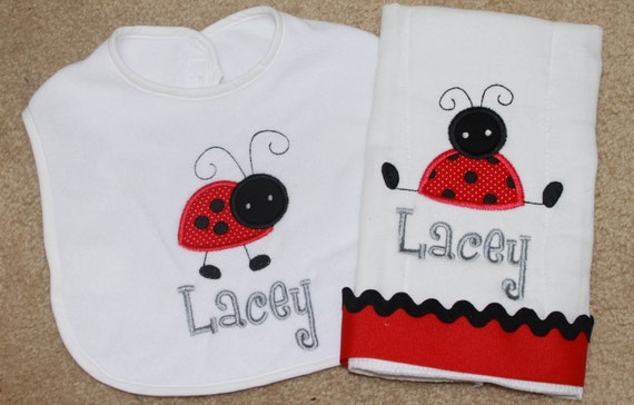 Personalized Applique Baby Bib and Burp Cloth Set - Ladybug
