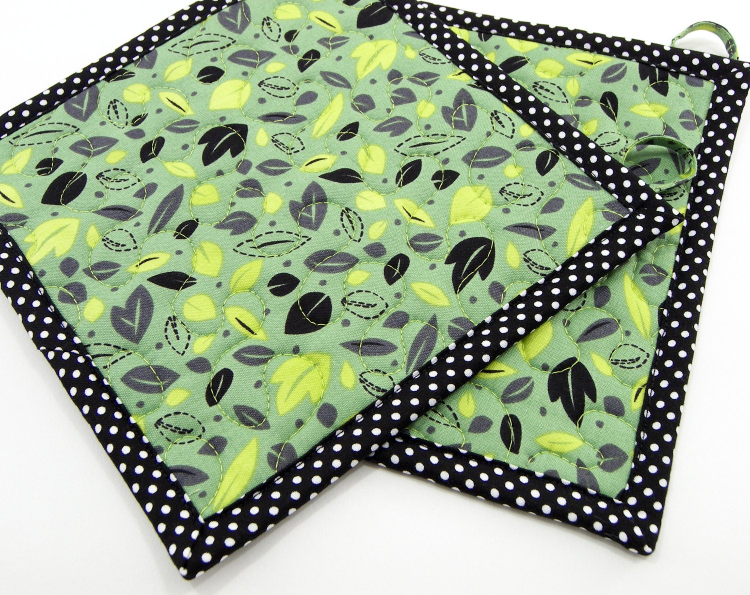 Fabric Hot Pads Quilted Pot Holders Spring Green and Black