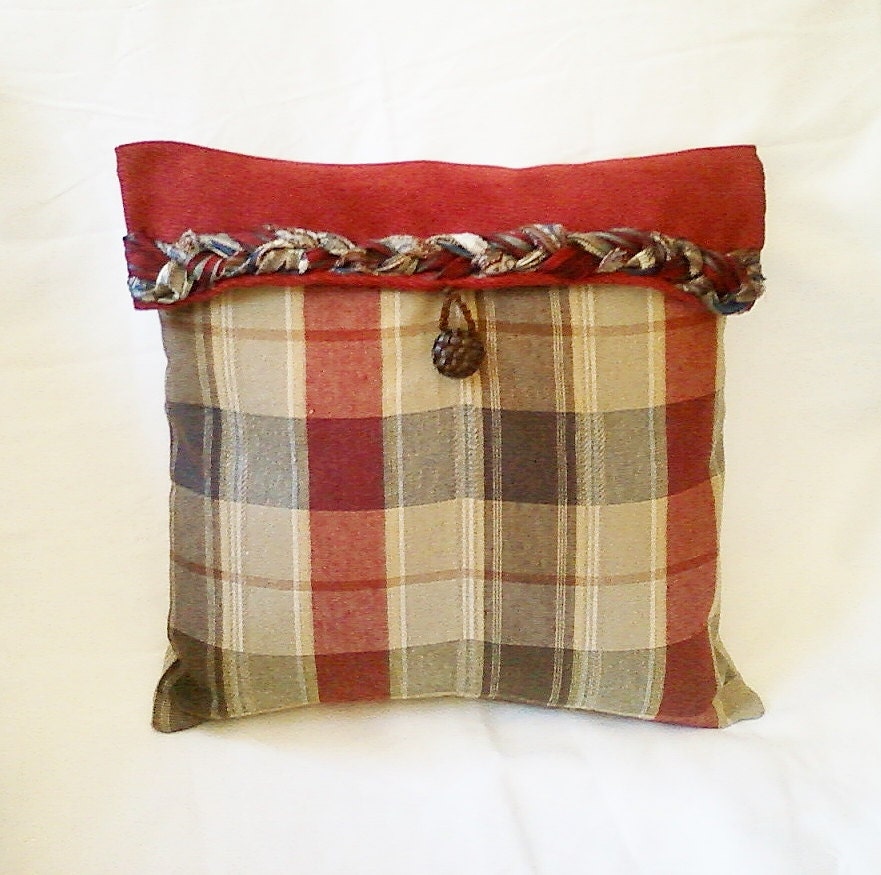Brown and Red Plaid Pillow Cover with Foldover Flap