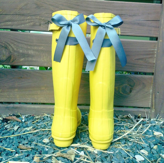 Yellow Custom Rain Boots with Gray Bow