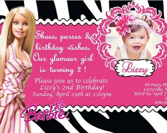 CUSTOM PHOTO Invitations Zebra Barbie Birthday Invitation - You Print - PRINTABLE - I Customize You Print - 4x6 or 5x7