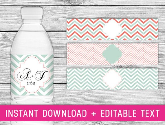 Printable Water Bottle Labels Coral and Mint by PurdyPrintsNYC