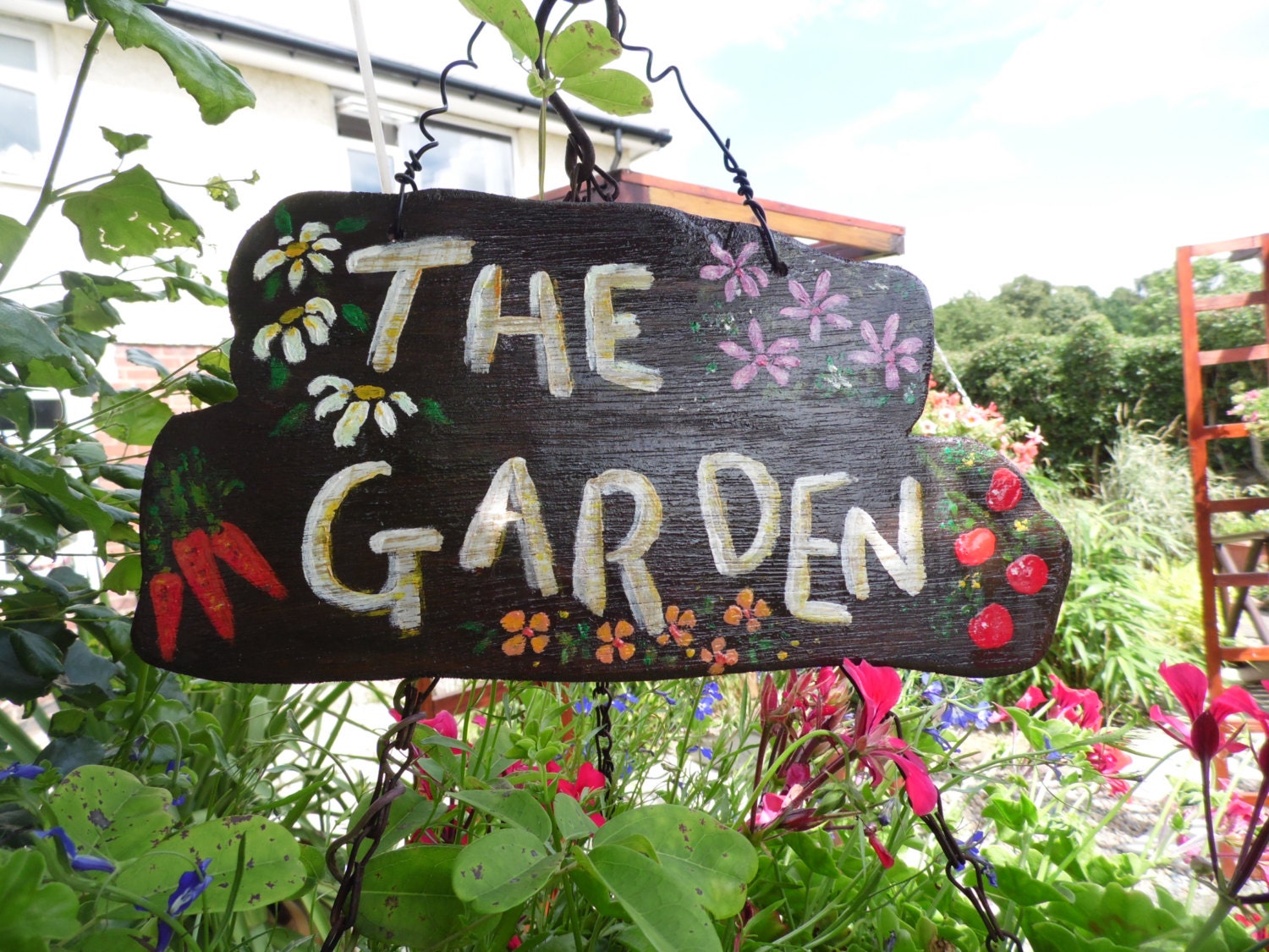 Garden Sign hand painted with flower and veg detail by Shackadale