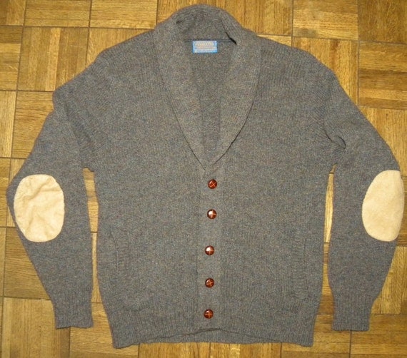 Vintage Pendleton WOOL Cardigan fishermans sweater Suede elbow