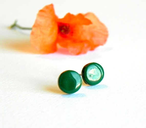 Emerald Green Tiny Post Earrings Ceramic Modern Studs, Spring Fashion