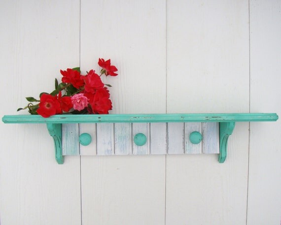 Mint Green Wall Shelf with White Shutter Backing by FineAndShabby