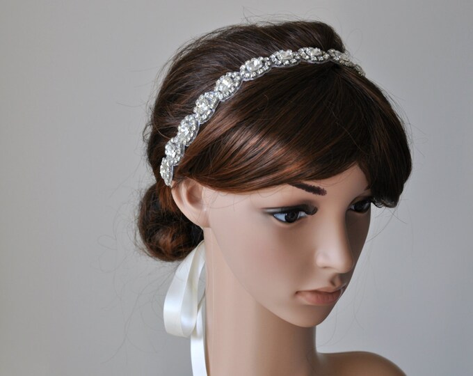 Ready To Ship - Wedding Hair Accessory, Beaded Headband, Bridal Headband, Crystal Ribbon Headband, rhinestone headband, hair accessories