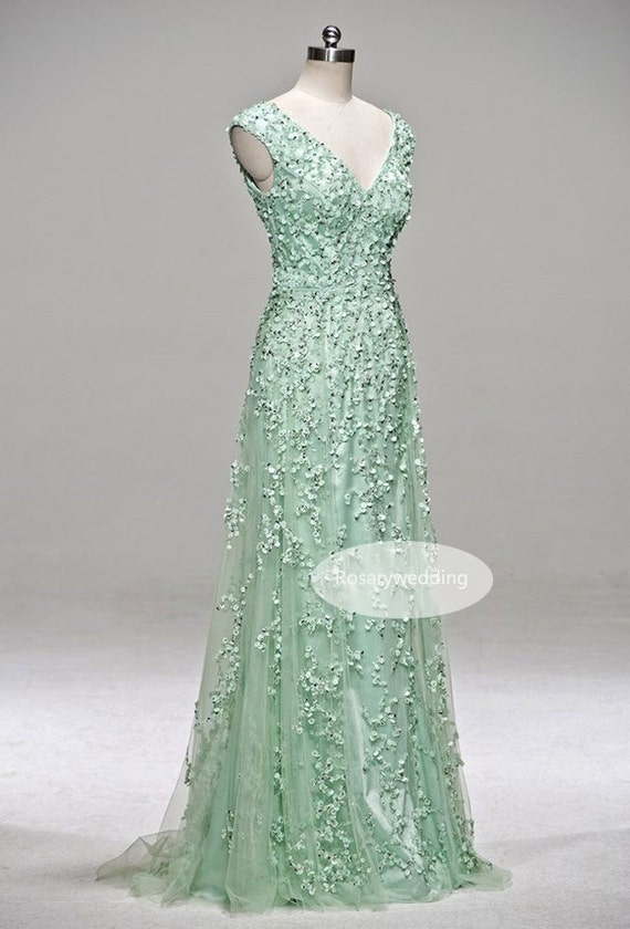 Green v neck handmade squins tulle prom dress