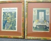 Pair Antique 1917 Children's Ad Art Sunday Illustrated Framed Matted Columbus OH