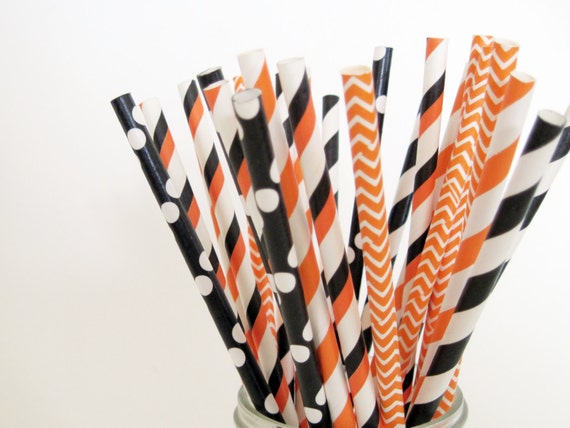 25 Black and Orange Halloween Paper Straw Mix - Stripe, Chevron & Dot - ships less than 24 hours Il_570xn