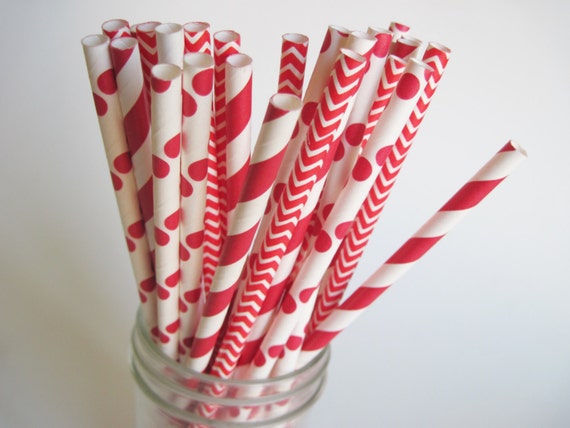 Red Paper Straws, Valentines Day Paper Straws, Red Striped paper straws, Red chevron paper straws, Red polka dot straws, Christmas straws Il_570xn