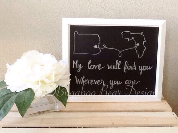 Long Distance Love State Wall Art, personalized, couples gift, chalkboard art, My Love will Find You Wherever you are,