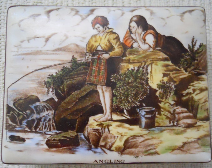 Vintage Gray's Pottery Trinket Box, Hand-Painted Box with Fishing Scene