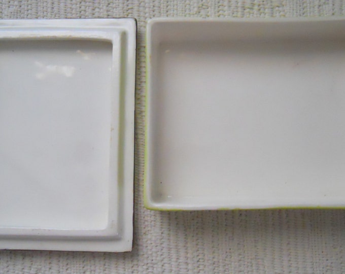 Vintage Gray's Pottery Trinket Box, Hand-Painted Box with Fishing Scene