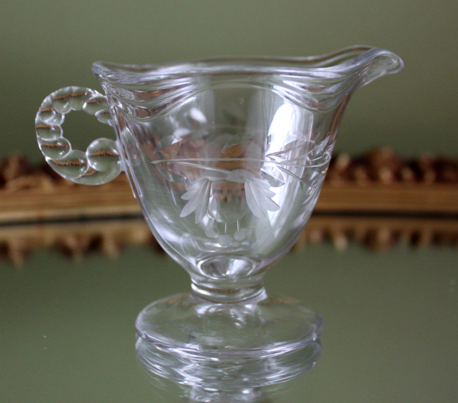 Vintage Glass Creamer. Cut Glass Footed Creamer with Hobnail
