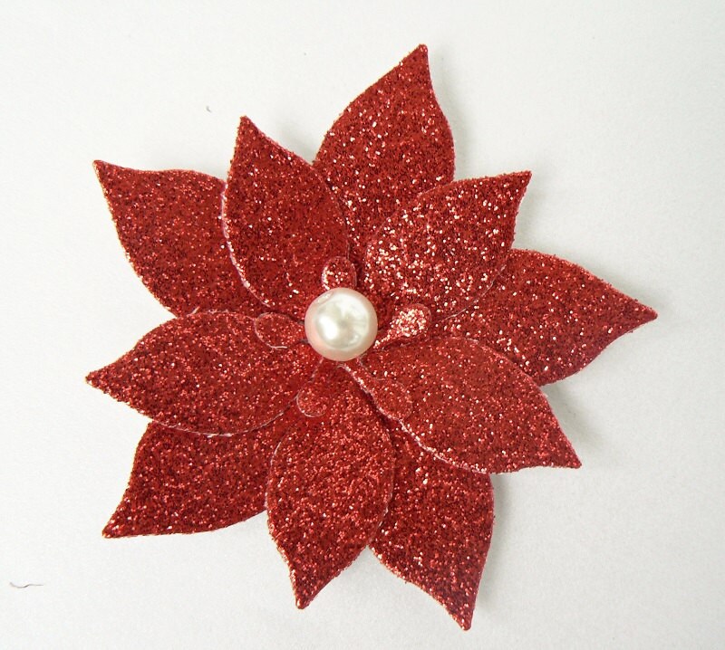 5 Red Glitter Poinsettias with acrylic Pearl, 2.75" great for Christmas Scrapbooking, Embellishments, Garlands, Cupcake Toppers