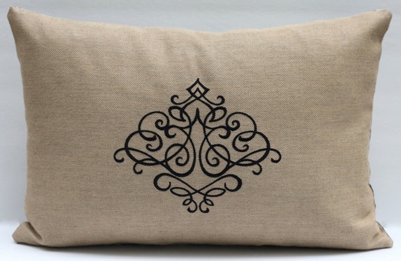 Embroidered Black Scroll Lumbar Pillow Ikat Black and