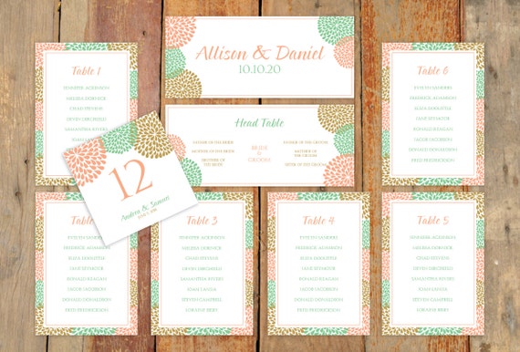 Wedding Seating Chart Template - DOWNLOAD Instantly - EDITABLE TEXT - Chrysanthemum (Peach, Mint & Gold)  - Microsoft Word Format