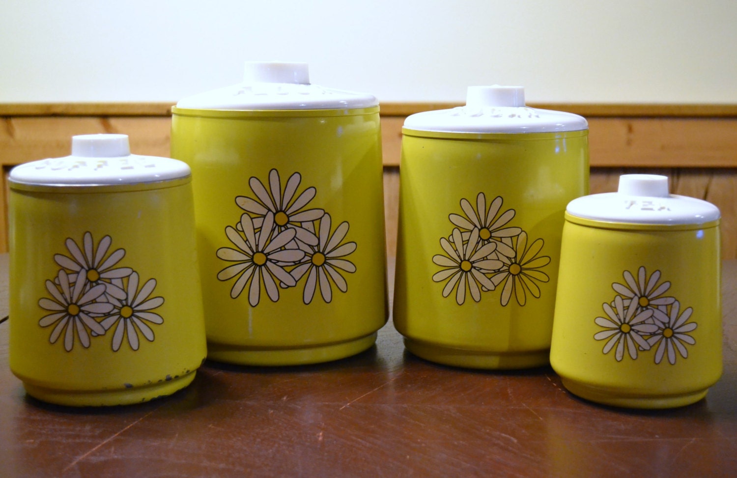 Retro Metal Kitchen Canisters Yellow with White Daisies Kromex