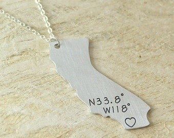 california necklace 925 steling silver- Latitude Longitude heart necklace Pendant State Necklace State Charm Map necklace Map Jewelry