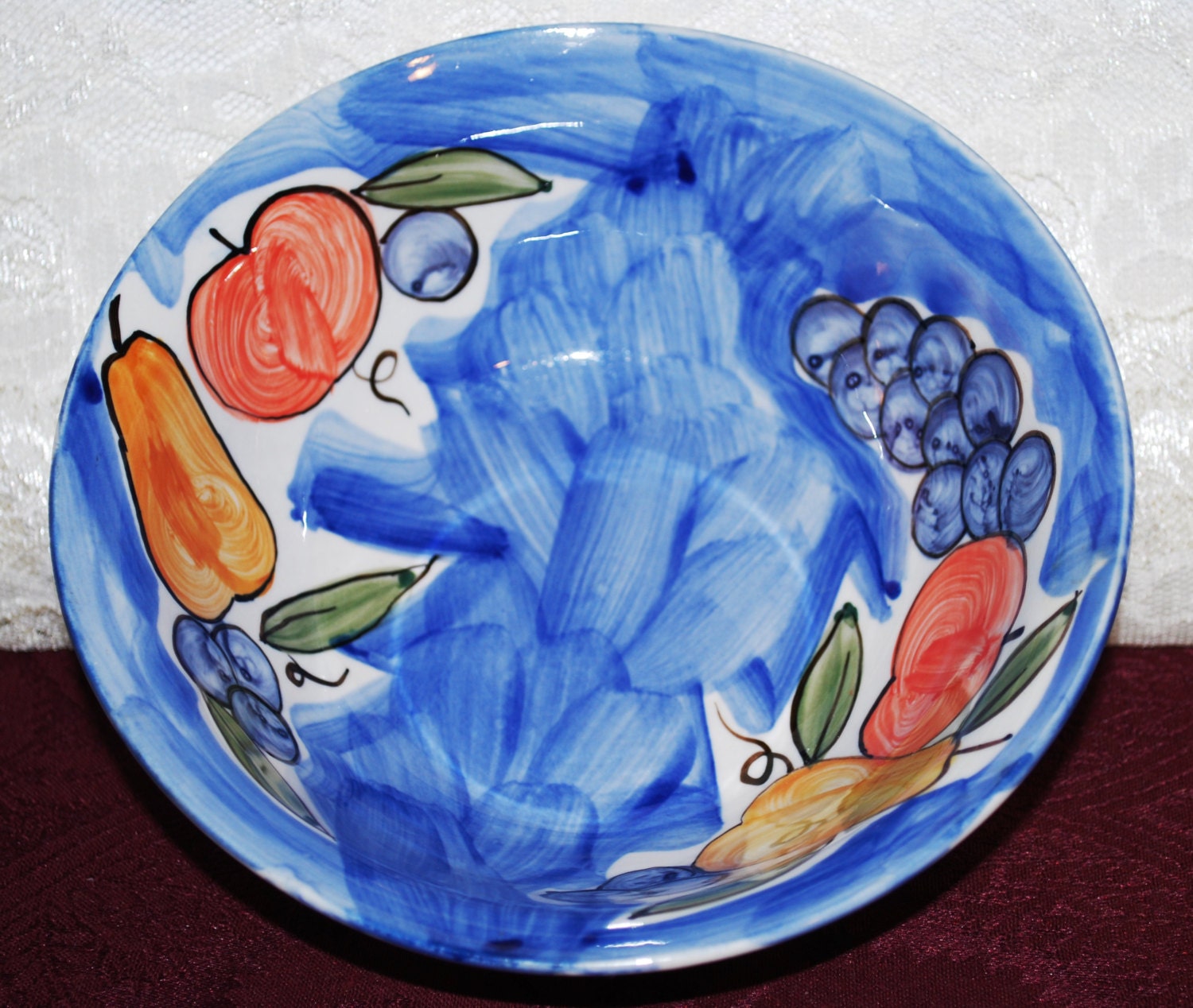 Tabletops Unlimited Hand Painted Mista Blue W/ Fruit 7″ Footed Bowl