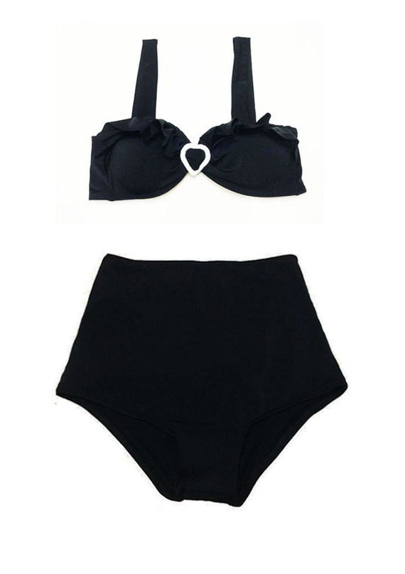 Black Heart Bow Top and Black High Waisted Swimsuit Bottom Shorts Retro ...