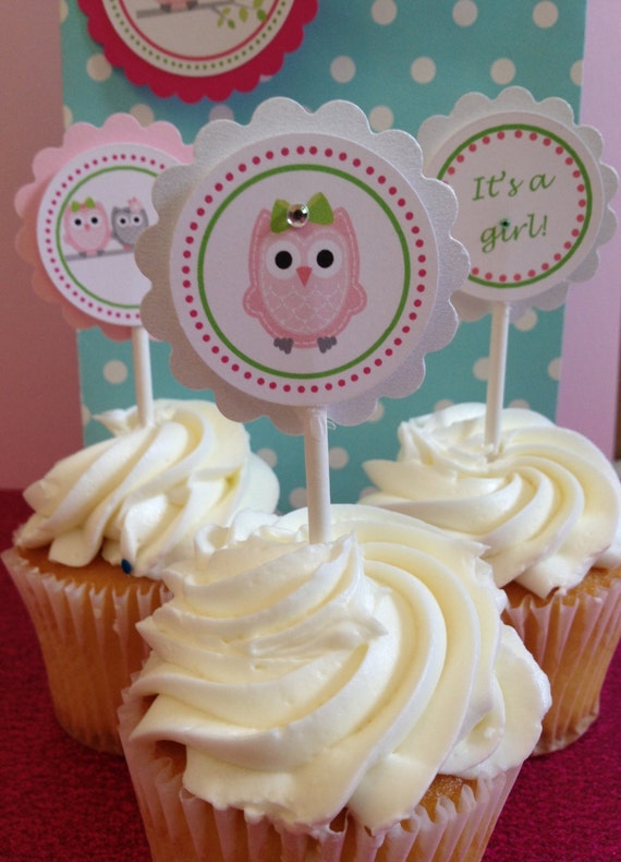 Items similar to Owl Babyshower Its a Girl , Owl Cupcake Toppers, 12