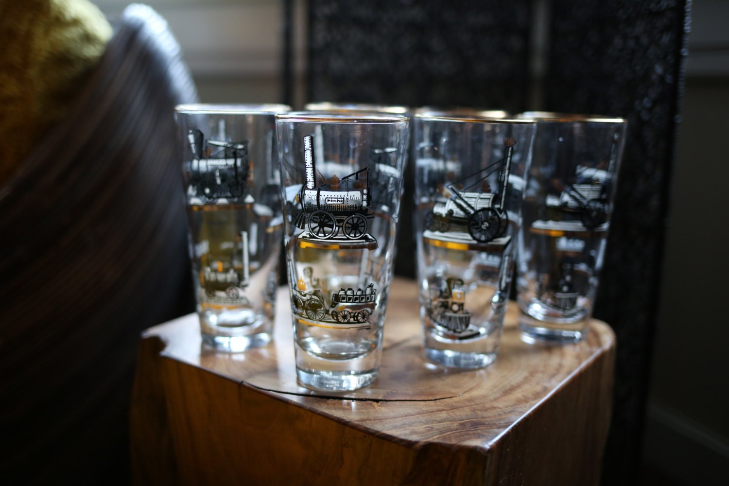 Set of Six Midcentury Train Engine Drinking Glasses