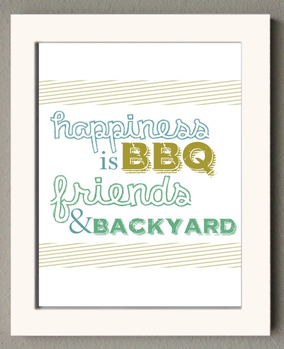 Happiness is BBQ Friends and Backyard poster print in blues, greens, and gold-yellows with diagonal lines / modern print / summer print
