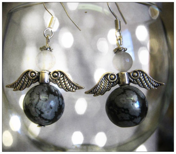 Handmade Guardian Angel Earrings with Snowflake Obsidian & White Opal by IreneDesign2011