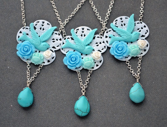 Turquoise aqua blue bridesmaid necklace flower pendant wedding bridal Necklace Lariat Bird Jewelry beadwork strand statement free earrings
