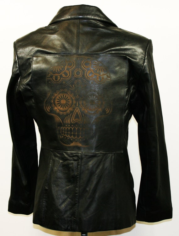 Items similar to Black leather jacket, women's medium, with laser ...