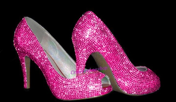 Hot Pink Crystals Peep Toe Shoes-Peep toe heels-Sparkly Party Heels-Custom wedding heels