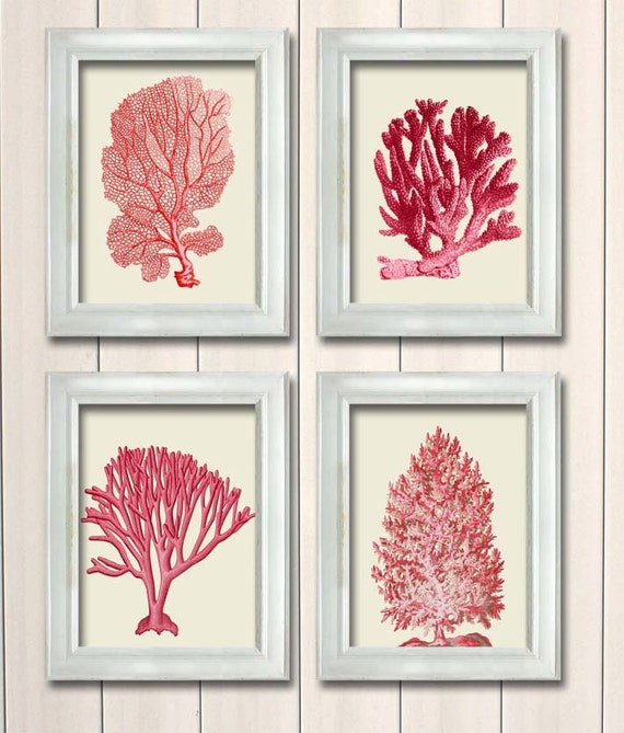 Set of 4 Red Coral Prints Nautical Print Art by NauticalNell
