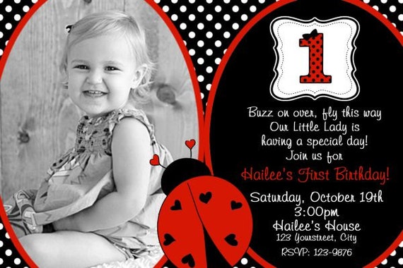 Ladybug Birthday Invitation First Birthday ONE Digital 4x6 or 5x7