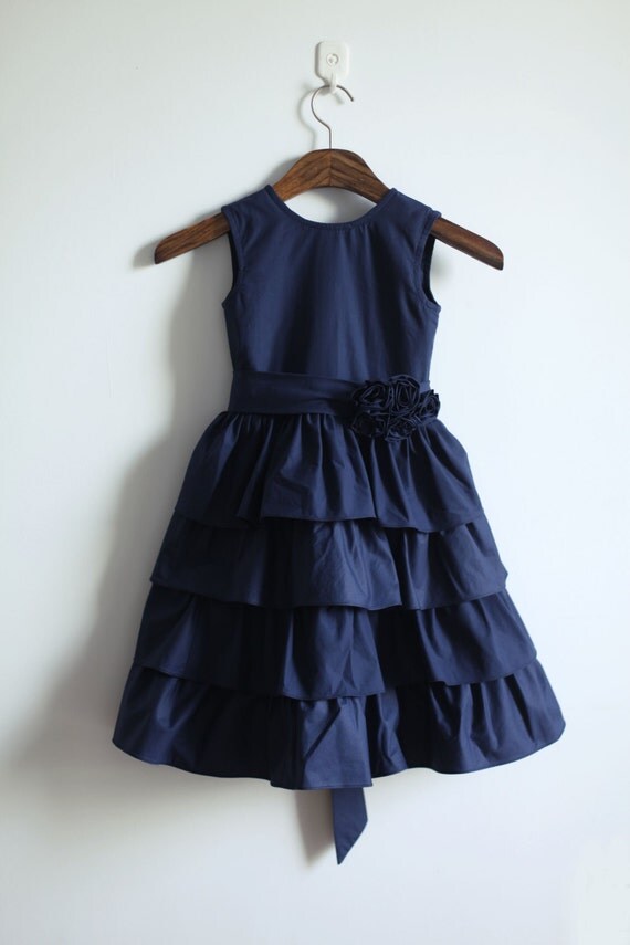 Navy Blue Cotton Flower Girl Dress Infant Toddler by autoalive