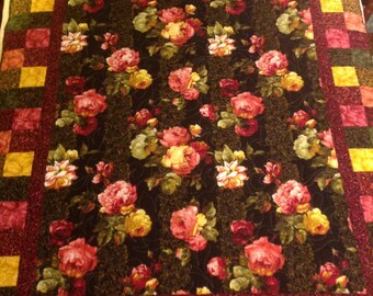 Yellow and Pink Rose Throw Quilt